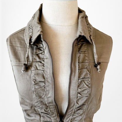 Vintage Y2K Brown Sleeveless Ruffle Zipper Front Collar Vest Tank Top Size M/L