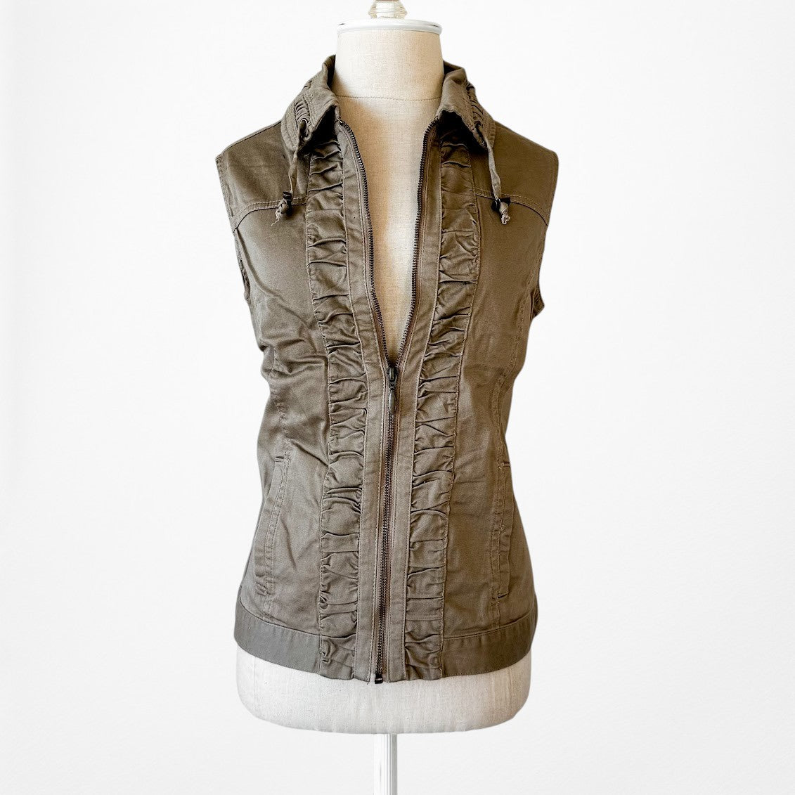 Vintage Y2K Brown Sleeveless Ruffle Zipper Front Collar Vest Tank Top Size M/L