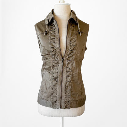 Vintage Y2K Brown Sleeveless Ruffle Zipper Front Collar Vest Tank Top Size M/L