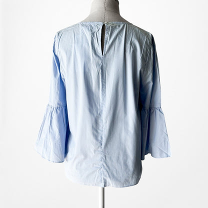 Vintage Y2K Blue Long Bell Sleeve Crewneck Babydoll Beaded Blouse Top Size S/M