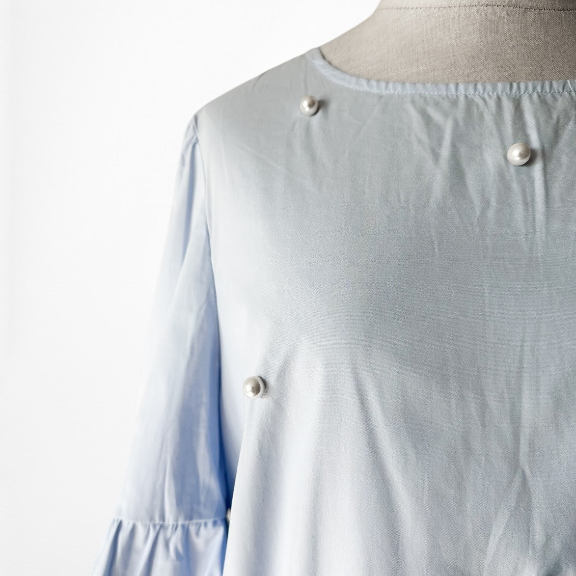 Vintage Y2K Blue Long Bell Sleeve Crewneck Babydoll Beaded Blouse Top Size S/M