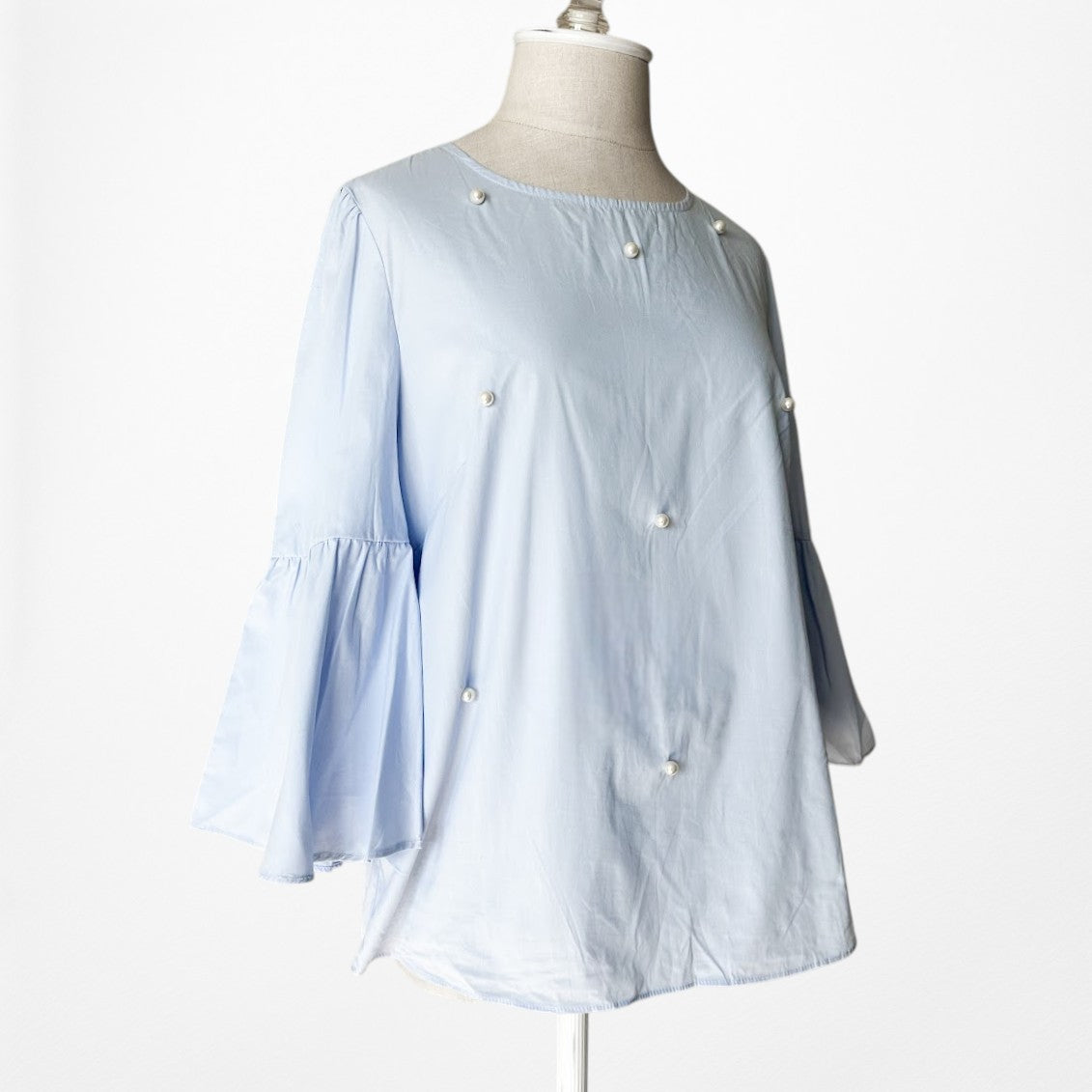 Vintage Y2K Blue Long Bell Sleeve Crewneck Babydoll Beaded Blouse Top Size S/M