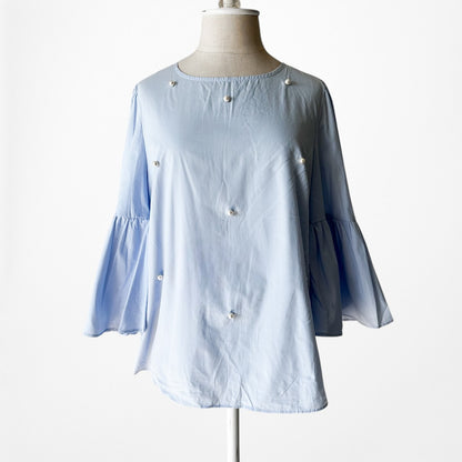 Vintage Y2K Blue Long Bell Sleeve Crewneck Babydoll Beaded Blouse Top Size S/M