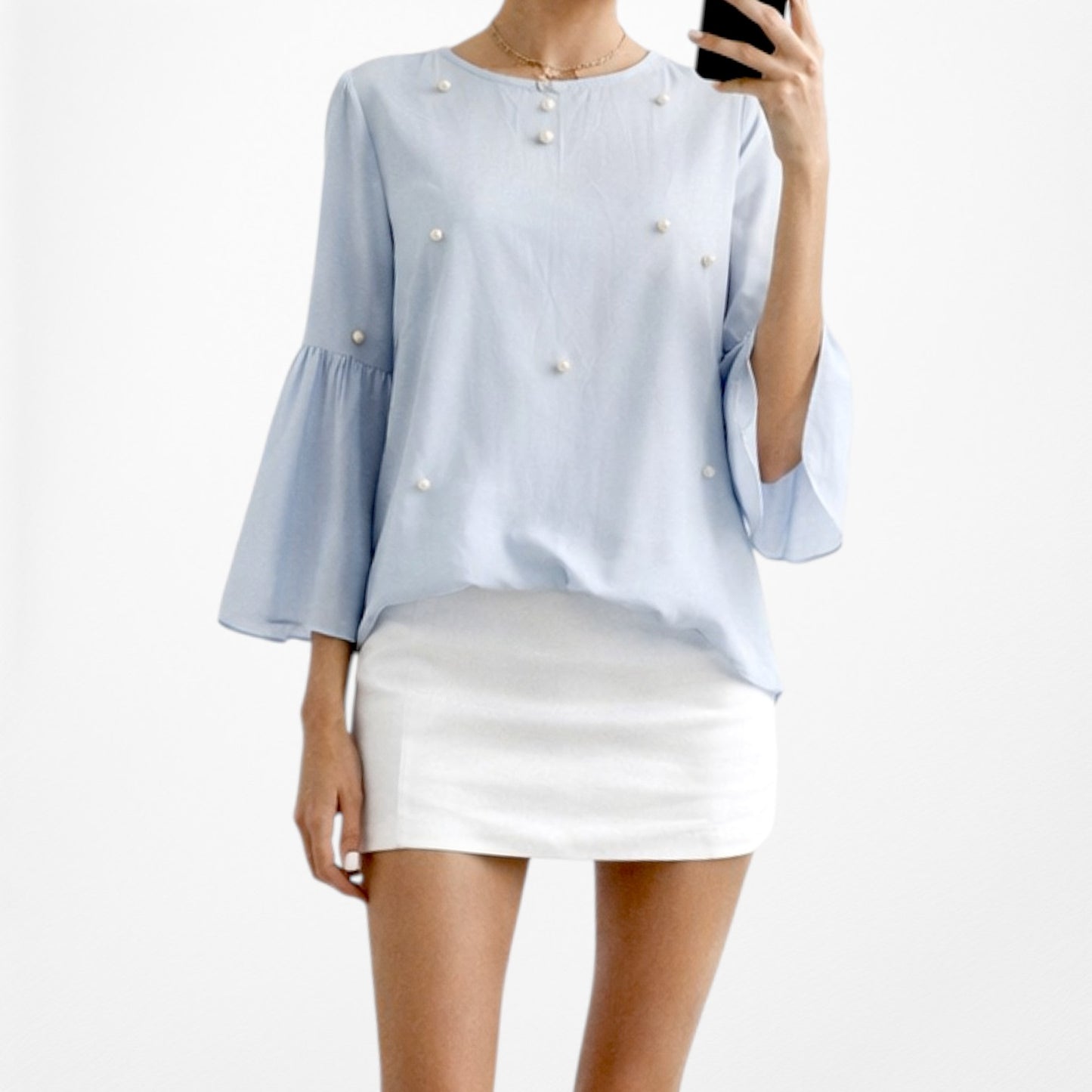 Vintage Y2K Blue Long Bell Sleeve Crewneck Babydoll Beaded Blouse Top Size S/M