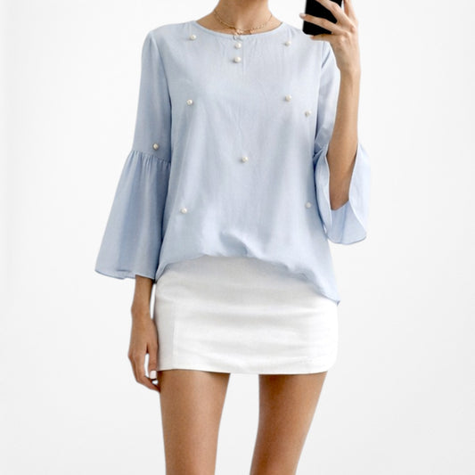 Vintage Y2K Blue Long Bell Sleeve Crewneck Babydoll Beaded Blouse Top Size S/M