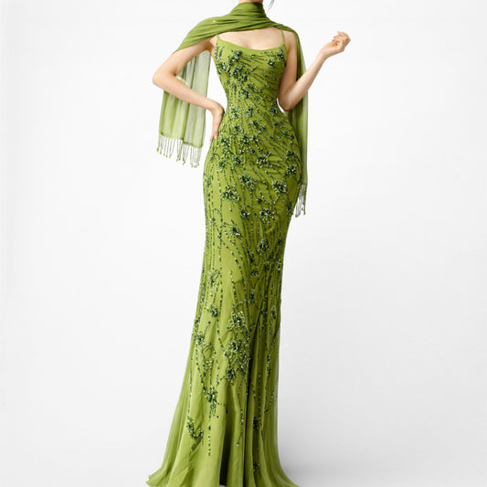 Vintage Y2K Olive Green Floral Beaded Bodycon Prom Shawl Dress Size S