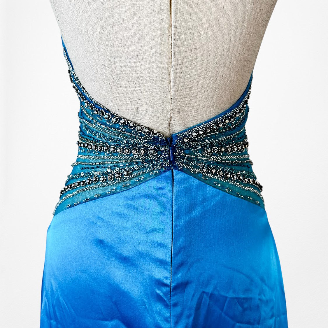 Vintage Y2K Blue Beaded High Low Fit Flared Satin Halter Prom Maxi Dress S