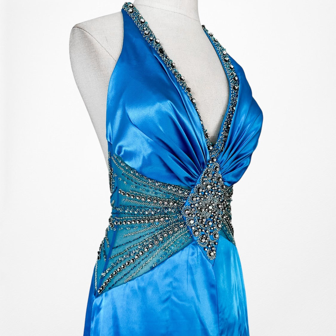 Vintage Y2K Blue Beaded High Low Fit Flared Satin Halter Prom Maxi Dress S