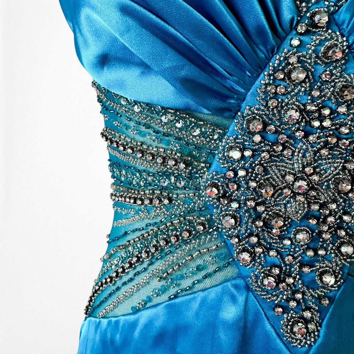 Vintage Y2K Blue Beaded High Low Fit Flared Satin Halter Prom Maxi Dress S