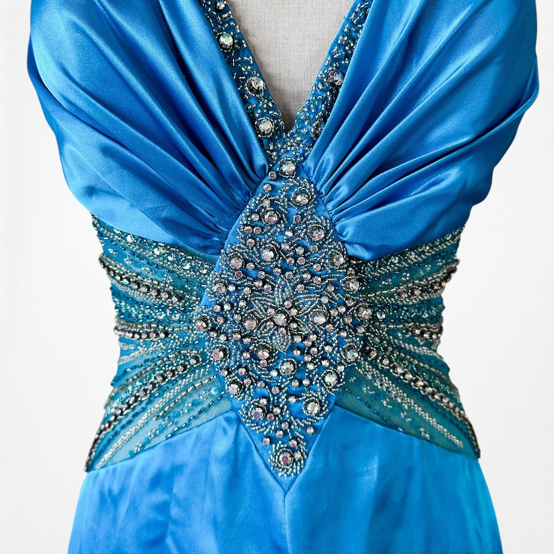 Vintage Y2K Blue Beaded High Low Fit Flared Satin Halter Prom Maxi Dress S