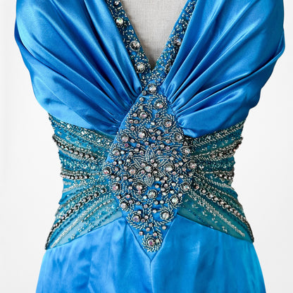 Vintage Y2K Blue Beaded High Low Fit Flared Satin Halter Prom Maxi Dress S