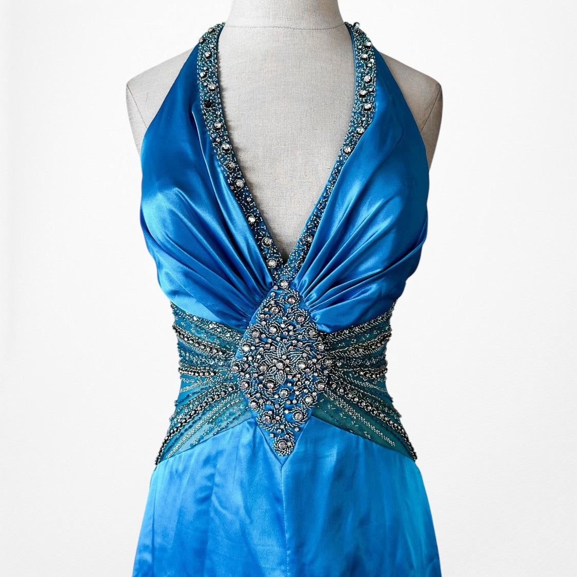 Vintage Y2K Blue Beaded High Low Fit Flared Satin Halter Prom Maxi Dress S