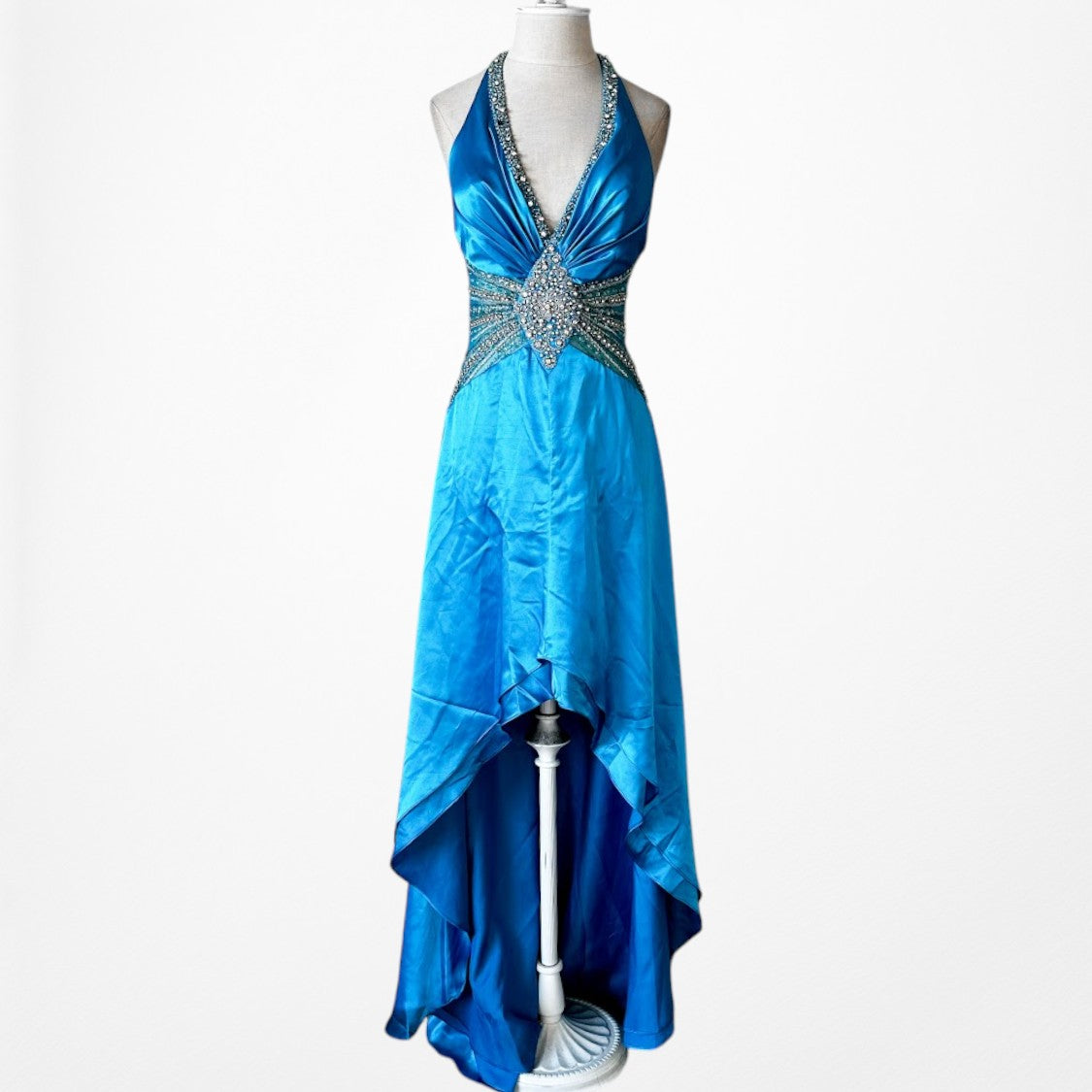 Vintage Y2K Blue Beaded High Low Fit Flared Satin Halter Prom Maxi Dress S