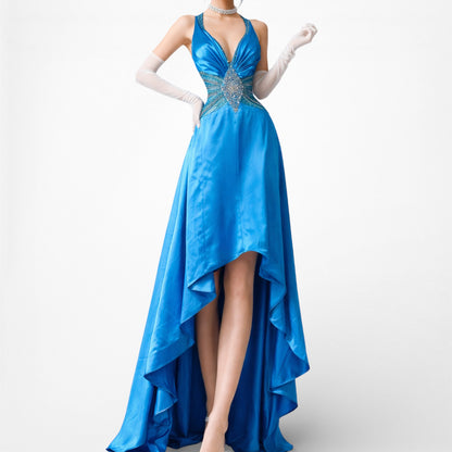 Vintage Y2K Blue Beaded High Low Fit Flared Satin Halter Prom Maxi Dress S