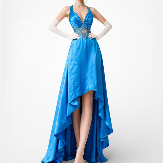 Vintage Y2K Blue Beaded High Low Fit Flared Satin Halter Prom Maxi Dress S