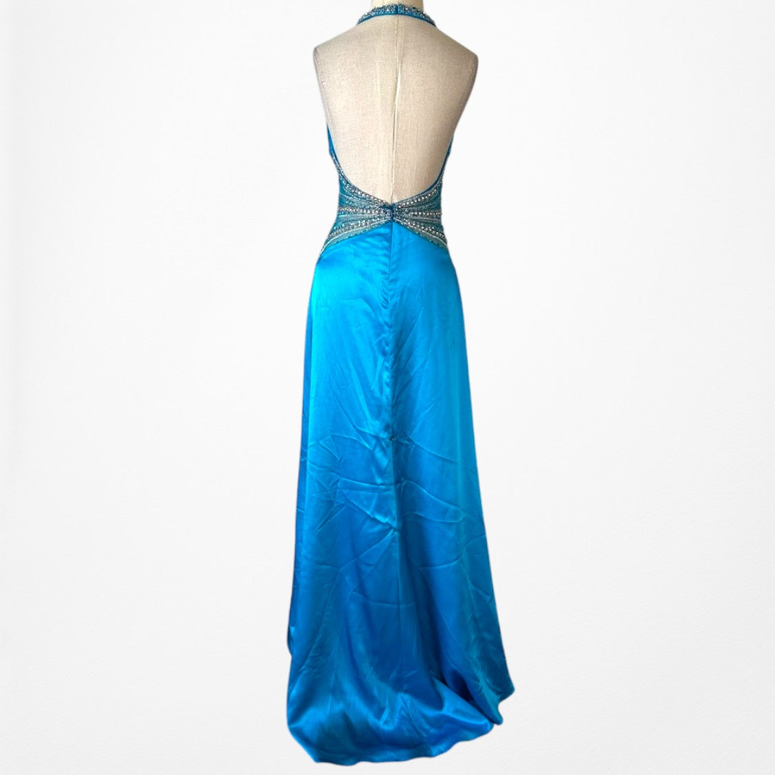 Vintage Y2K Blue Beaded High Low Fit Flared Satin Halter Prom Maxi Dress S