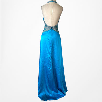 Vintage Y2K Blue Beaded High Low Fit Flared Satin Halter Prom Maxi Dress S