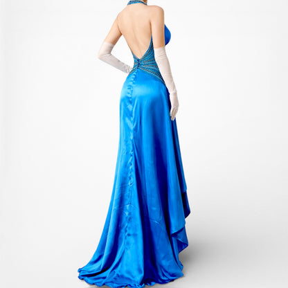 Vintage Y2K Blue Beaded High Low Fit Flared Satin Halter Prom Maxi Dress S