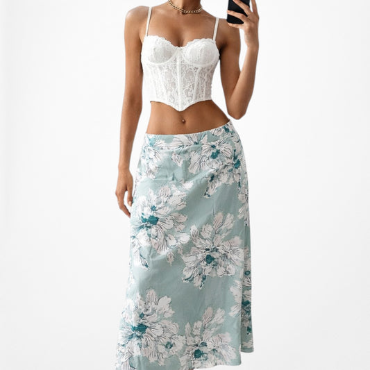 Vintage Y2K Blue White Floral Print A-Line Knee Length Skirt Size S/M