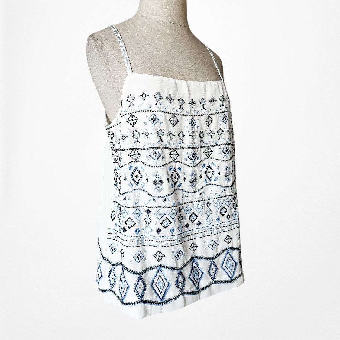 Vintage Y2K Blue White Geometric Print Embroidered Beaded Cami Top Size M
