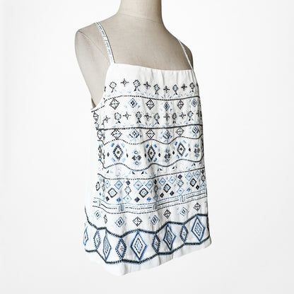 Vintage Y2K Blue White Geometric Print Embroidered Beaded Cami Top Size M