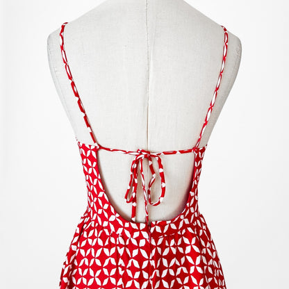 Vintage Y2K Red White Geometric Print Knee Length Flared Skater Dress Size M