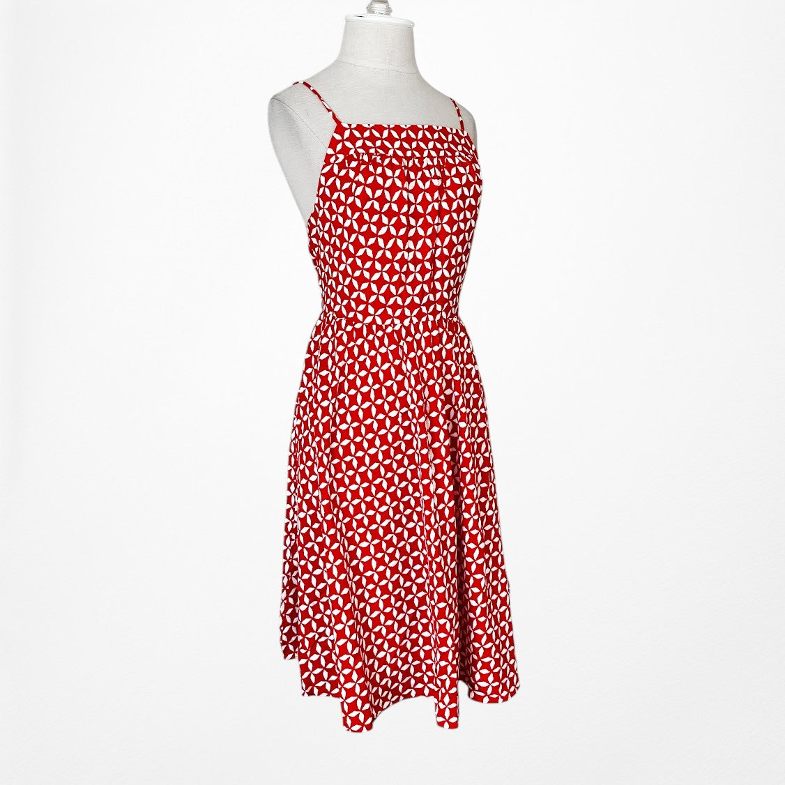Vintage Y2K Red White Geometric Print Knee Length Flared Skater Dress Size M