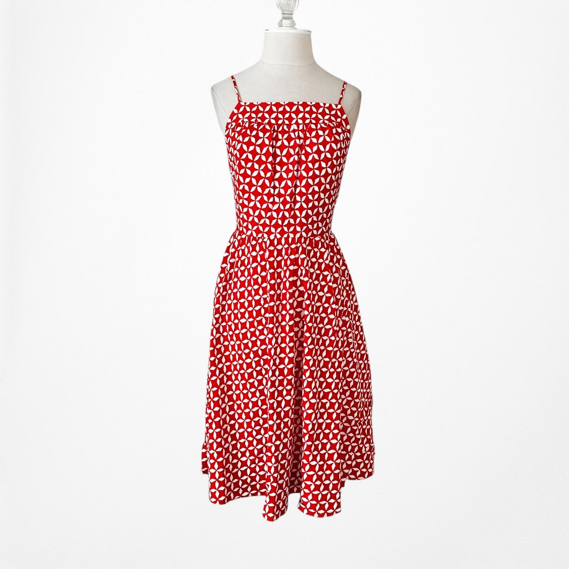 Vintage Y2K Red White Geometric Print Knee Length Flared Skater Dress Size M