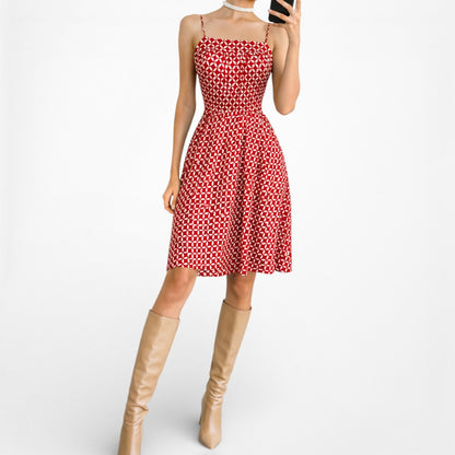 Vintage Y2K Red White Geometric Print Knee Length Flared Skater Dress Size M