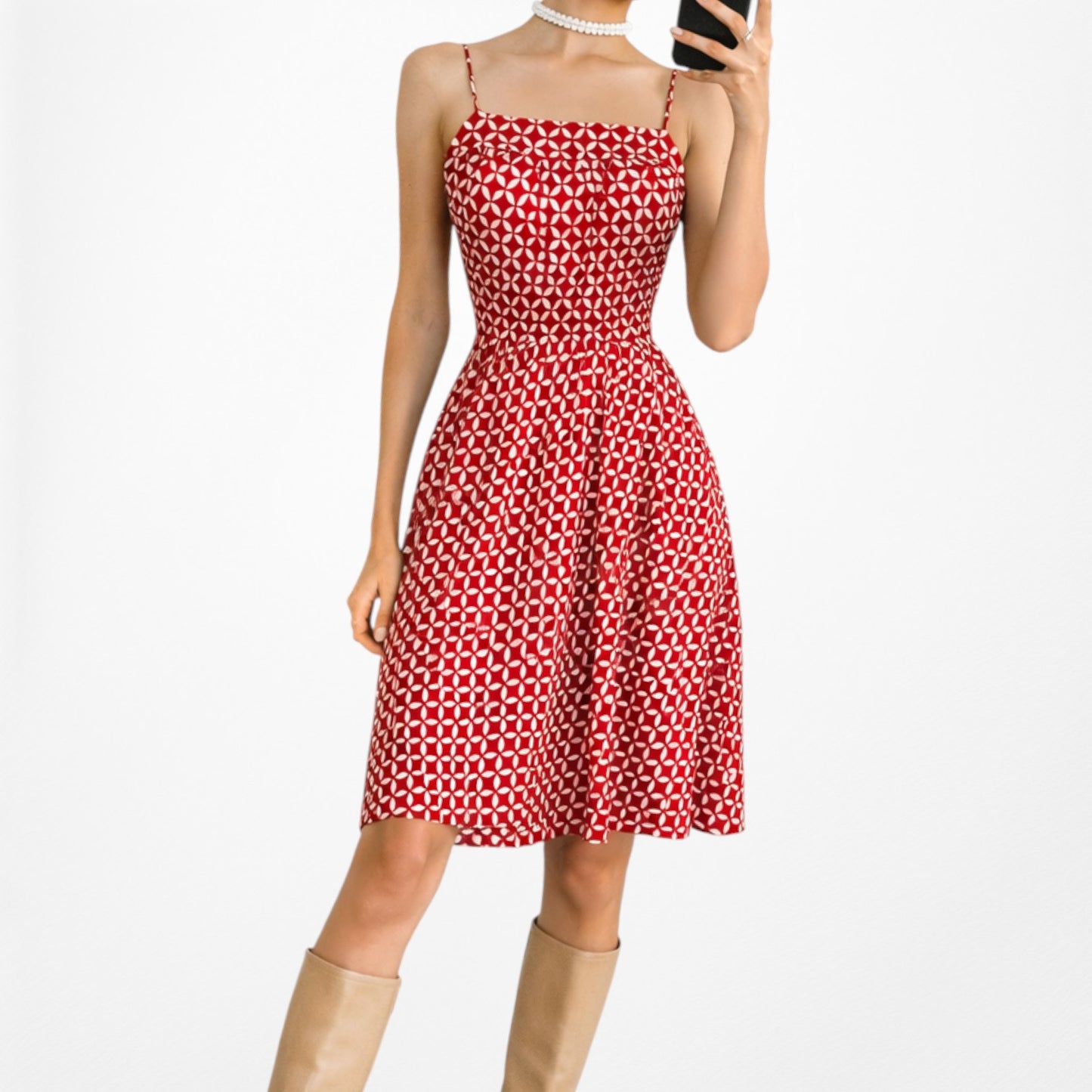 Vintage Y2K Red White Geometric Print Knee Length Flared Skater Dress Size M