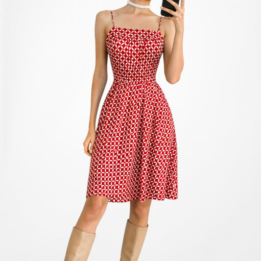 Vintage Y2K Red White Geometric Print Knee Length Flared Skater Dress Size M