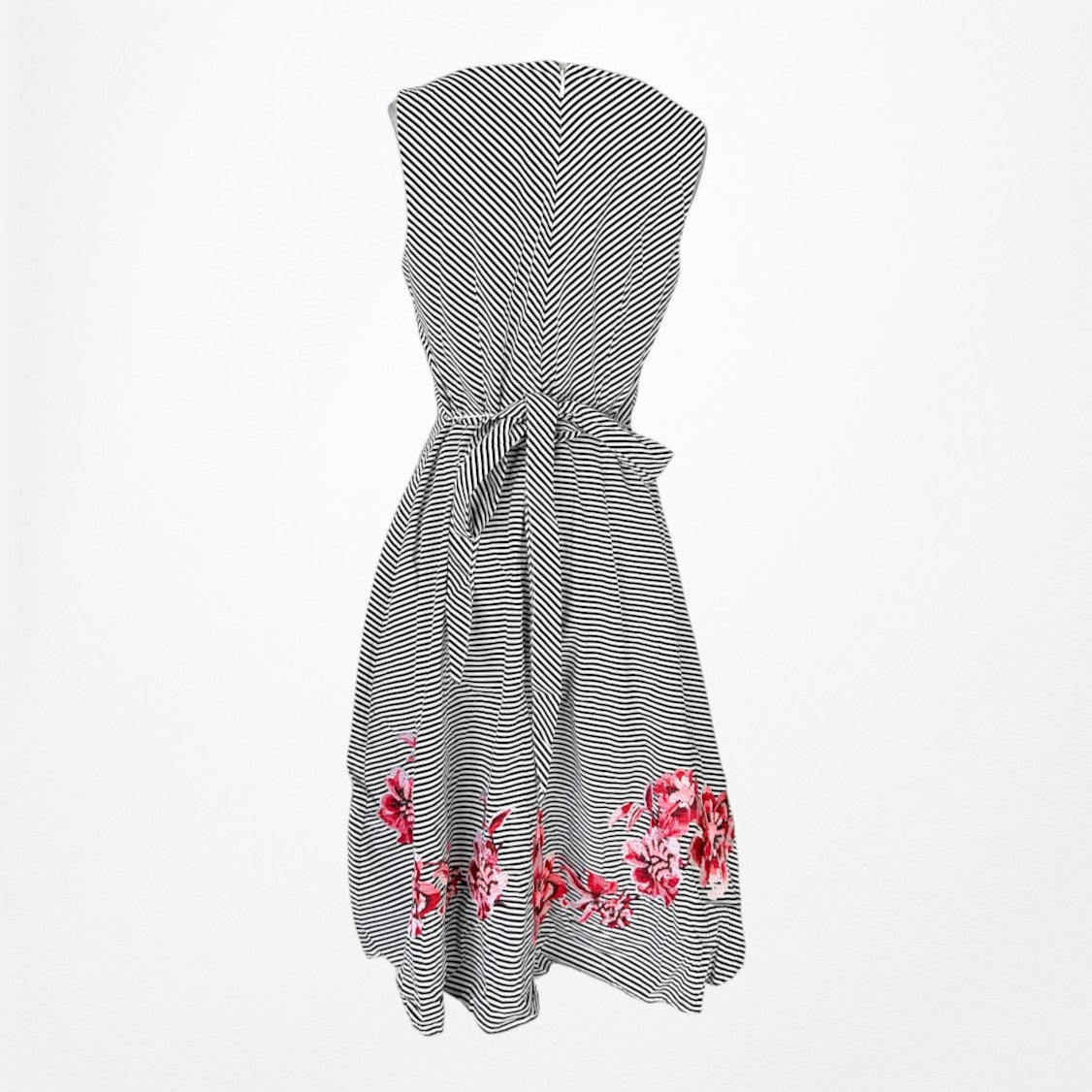 Vintage Black White Striped Red Floral Embroidered Flared Knee Length Dress M