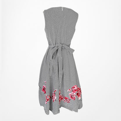 Vintage Black White Striped Red Floral Embroidered Flared Knee Length Dress M