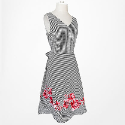 Vintage Black White Striped Red Floral Embroidered Flared Knee Length Dress M