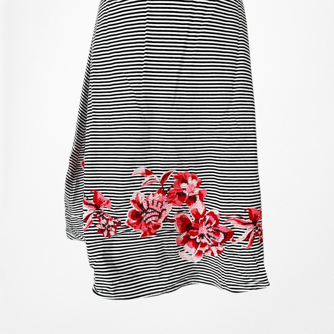 Vintage Black White Striped Red Floral Embroidered Flared Knee Length Dress M