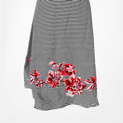 Vintage Black White Striped Red Floral Embroidered Flared Knee Length Dress M