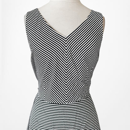 Vintage Black White Striped Red Floral Embroidered Flared Knee Length Dress M