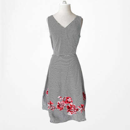 Vintage Black White Striped Red Floral Embroidered Flared Knee Length Dress M