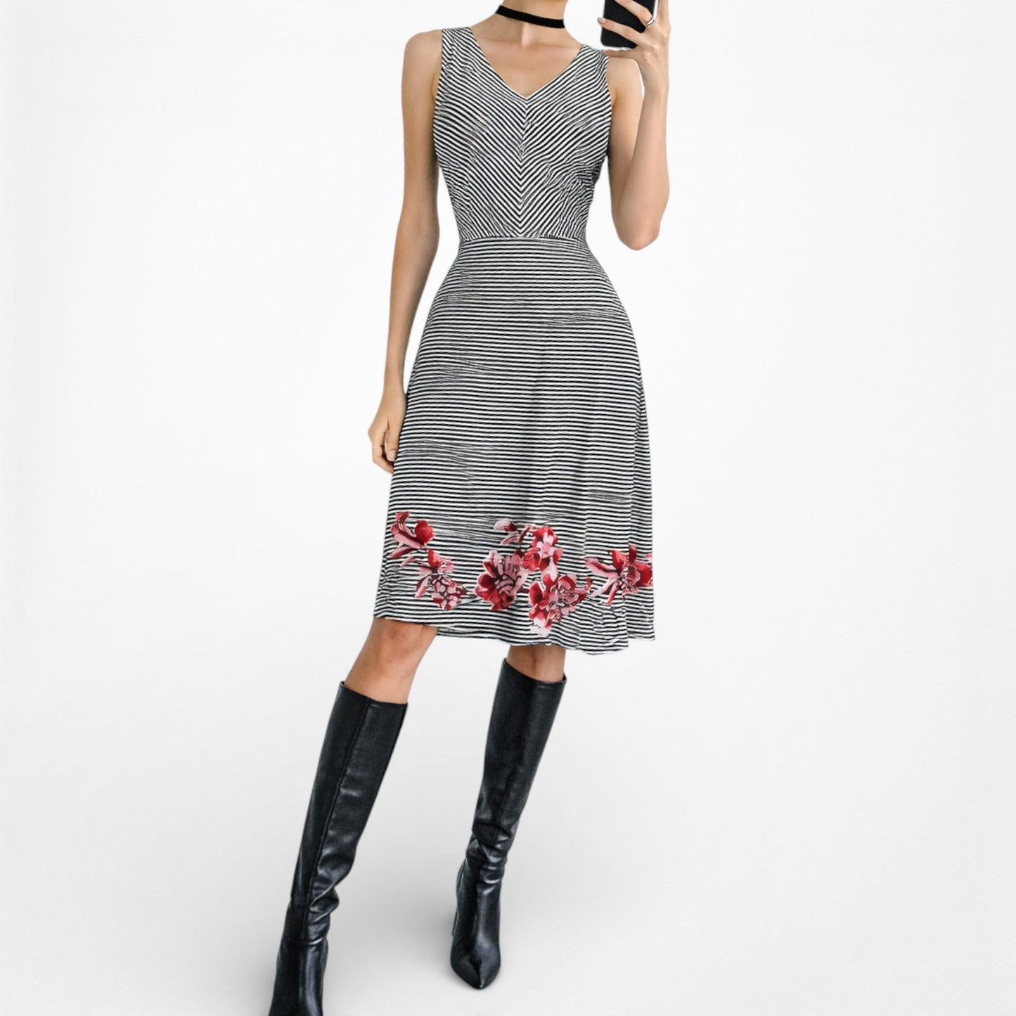 Vintage Black White Striped Red Floral Embroidered Flared Knee Length Dress M