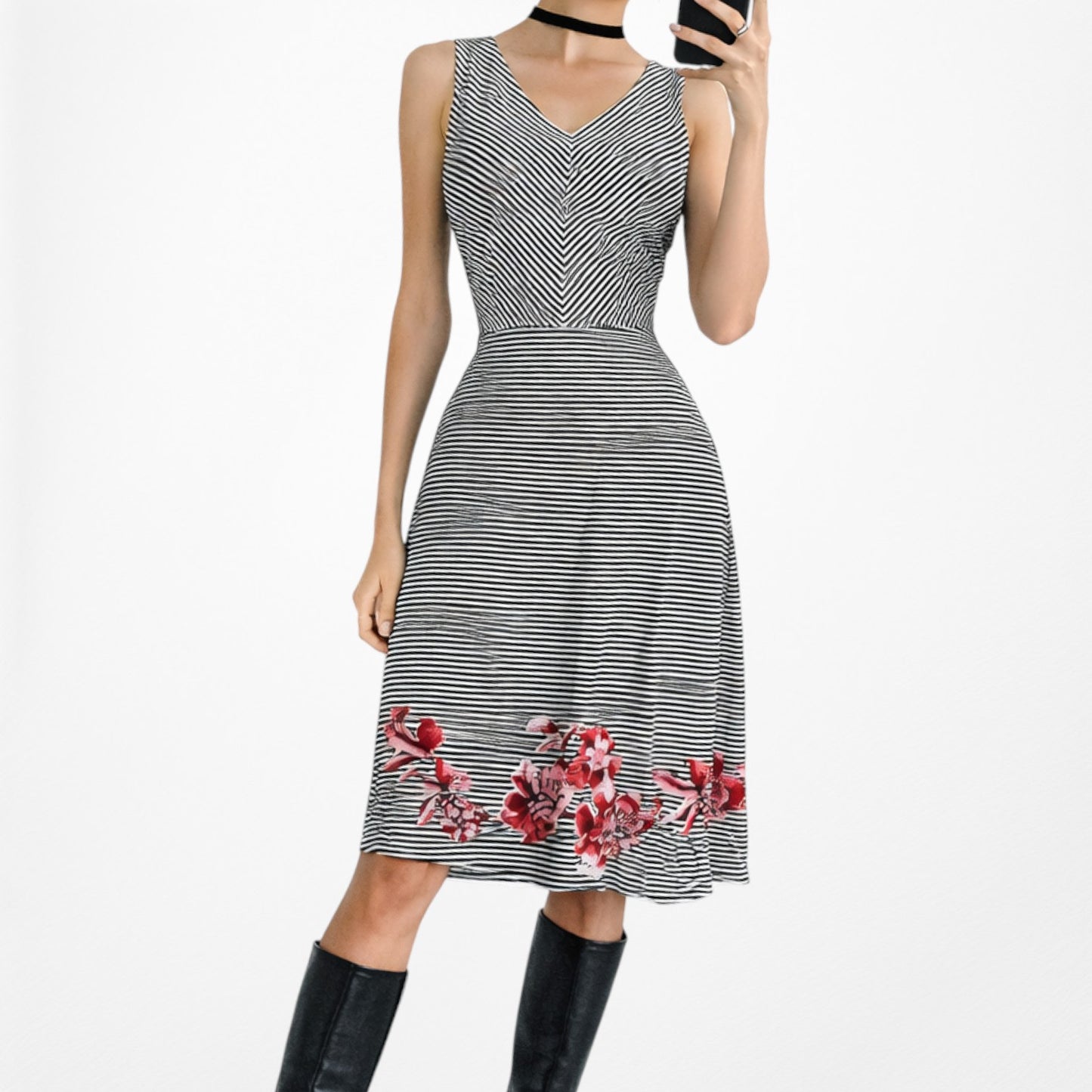 Vintage Black White Striped Red Floral Embroidered Flared Knee Length Dress M