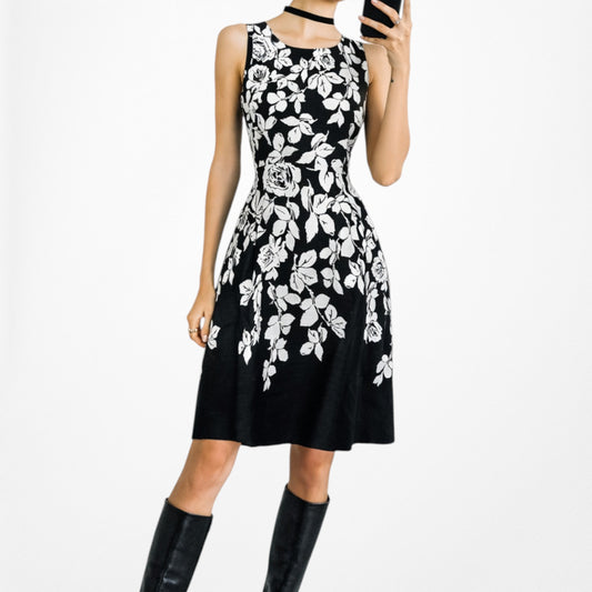 Vintage Y2K Black White Sleeveless Floral Knee Length Flared Skater Dress Size M