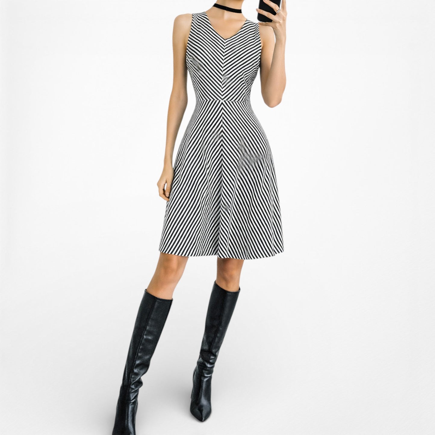 Vintage Y2K Black White Gray Striped Knee Length Flared Knit Dress Size M