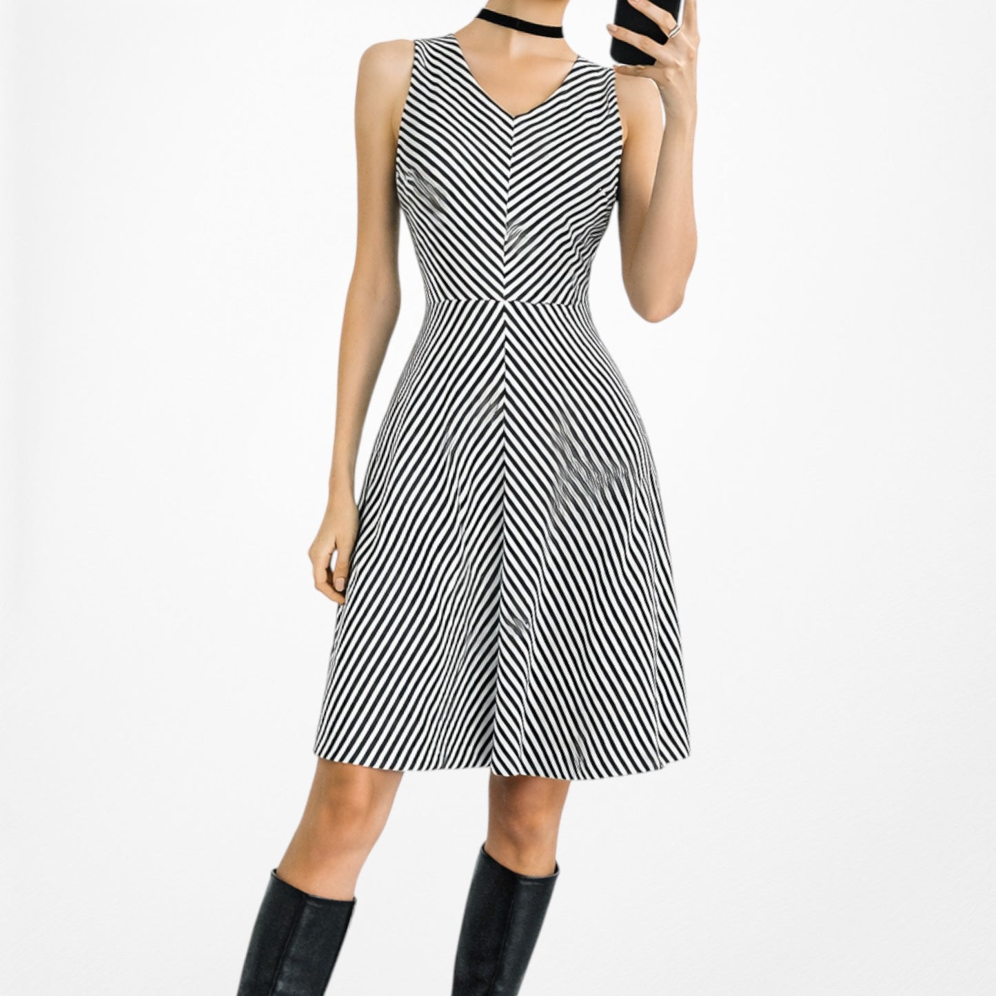 Vintage Y2K Black White Gray Striped Knee Length Flared Knit Dress Size M