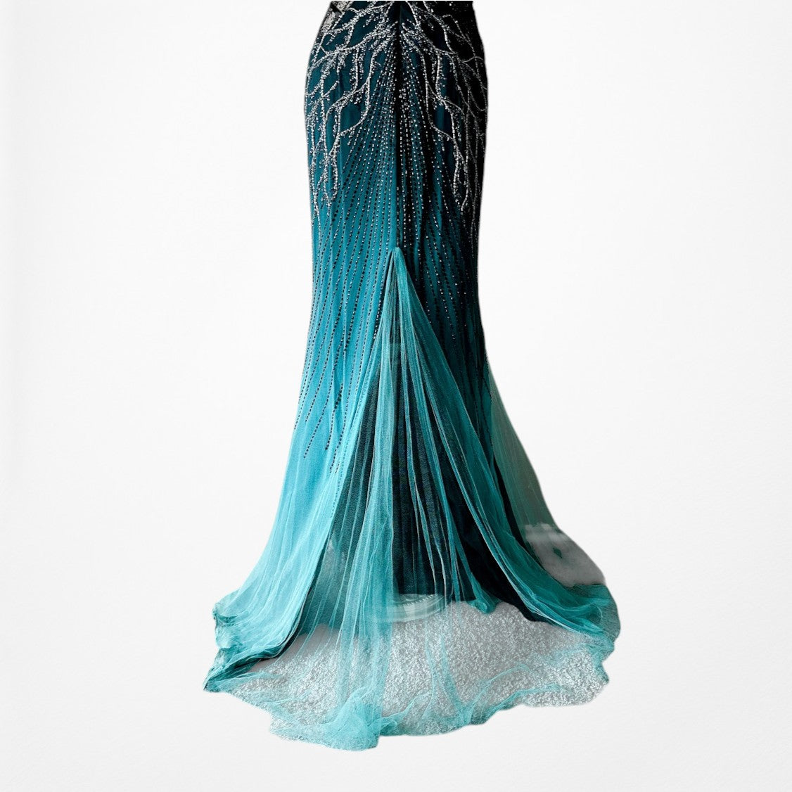 Vintage Y2K Blue Beaded Fit Flared Ombre Maxi Prom Dress W/ Shawl Size M/L