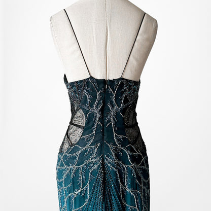 Vintage Y2K Blue Beaded Fit Flared Ombre Maxi Prom Dress W/ Shawl Size M/L