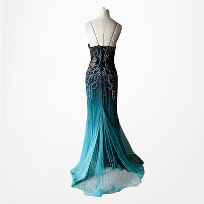 Vintage Y2K Blue Beaded Fit Flared Ombre Maxi Prom Dress W/ Shawl Size M/L