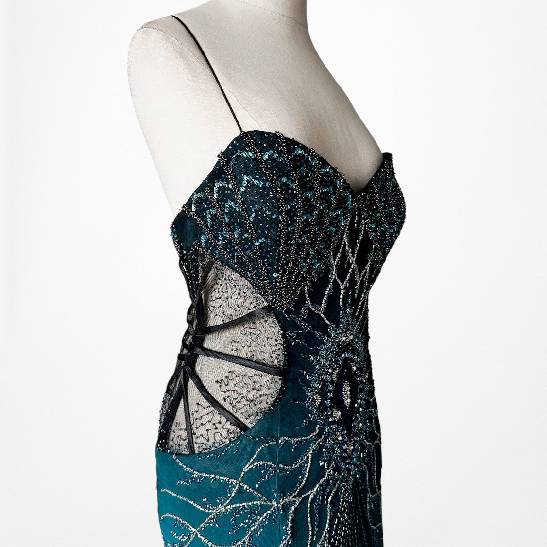 Vintage Y2K Blue Beaded Fit Flared Ombre Maxi Prom Dress W/ Shawl Size M/L