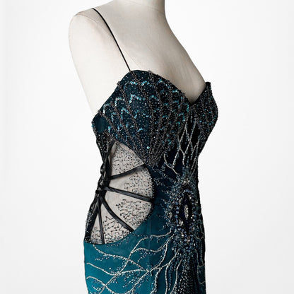 Vintage Y2K Blue Beaded Fit Flared Ombre Maxi Prom Dress W/ Shawl Size M/L