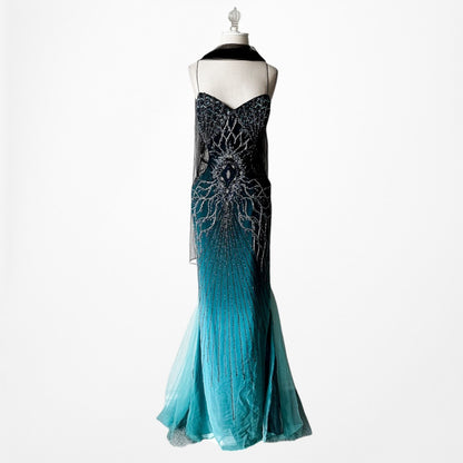 Vintage Y2K Blue Beaded Fit Flared Ombre Maxi Prom Dress W/ Shawl Size M/L