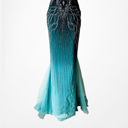 Vintage Y2K Blue Beaded Fit Flared Ombre Maxi Prom Dress W/ Shawl Size M/L